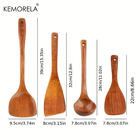 4PCS Wooden Cooking Spoon Set with Long Handles - Spatula & Rice Spoon