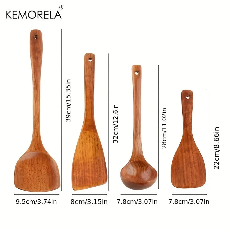 4PCS Wooden Cooking Spoon Set with Long Handles - Spatula & Rice Spoon