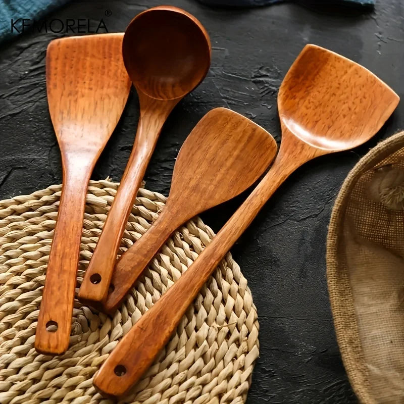 4PCS Wooden Cooking Spoon Set with Long Handles - Spatula & Rice Spoon