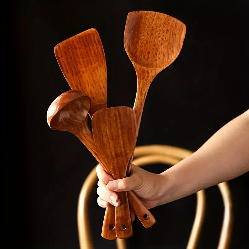 4PCS Wooden Cooking Spoon Set with Long Handles - Spatula & Rice Spoon